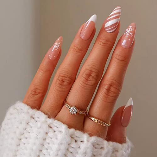 Handcess Weihnachten Oval Falsche Nägel Weiß Kurz Französisch Presse auf Nägel Glänzend Schneeflocke Acryl Falsche Nägel Stick auf Nagel 24Pcs für Frauen und Mädchen