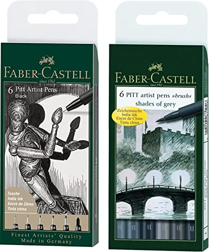 Faber-Castell 167154 - Tuschestift Pitt Artist Pen, Farbe 199, schwarz, XXS, XS, S, F, M, 1.5, 6er Etui + Shades of grey - 6er Packung