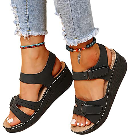COTCLO Sandales d'été pour femmes - Sandales compensées élégantes - Noir, 39