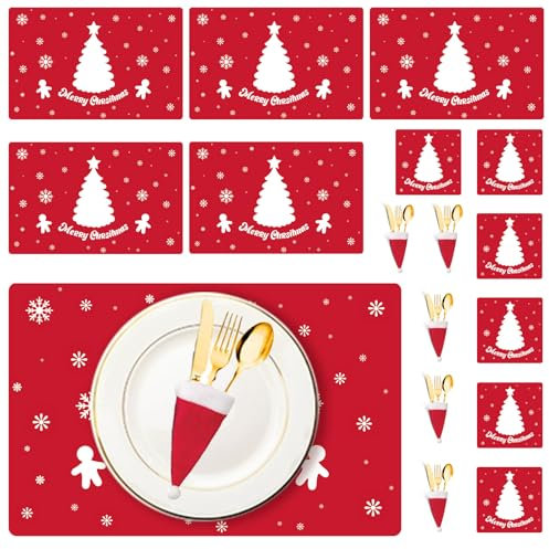 Christmas Table Decoration - 18Pcs Christmas Placemats Coasters Cutlery set, Christmas Placemats Sets, Christmas Table Mats, Home Table Mats, Washable Heat Proof Table Mats