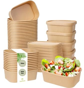 DeinPack 2000 Ensaladeras para llevar con tapa, color marrón, rectangular, 750 ml, 17,3 x 12 x 5,7 cm, reciclables, cartón kraft con revestimiento interior, tapa de papel kraft