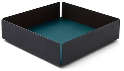 eglooh - Dafne - Vaciabolsillos Recibidor con Estructura de Acero Negro Mate - Fondo Interno de Piel Genuina Azul Cerceta - Bandeja Decorativa cm 14,5 x 14,5 x H.4 - Made in Italy