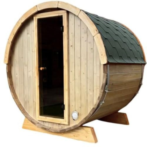 Tonneau Sauna d'extérieur en kit chaudière électrique COMPRISE, bois thermo- traité, 2 à 4 personnes 1,60m x diam 1,96m / hauteur 2,15m shingle vert