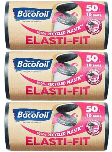 Bacofoil Elasti-Fit Bin Liners with Drawstring Handles 50L - Leak-Proof Bin Bag with Elastic Fastening for a Secure Fit (3 Rolls, 30 Bags)…
