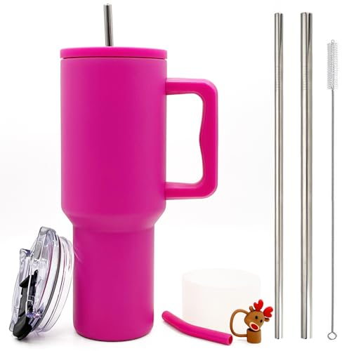 FloweryOcean 1200ml 40oz Kaffeebecher to Go,Doppelwandiger Edelstahl Vakuum Isolierbecher mit Griff und Stroh,Autobecher Thermobecher,Kaffeetasse für Heißer, Kalter Getränke,05-Rose