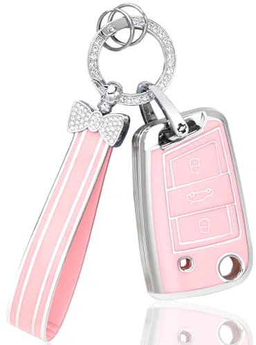 BLINGOOSE Schlüsselhülle für VW Volkswagen Tiguan Polo T ROC Cross Golf 7 MK7 Touran Taigo Rosa Key Zubehör 3 Tasten Autoschlüssel Schlüsselgehäuse Schutz Glitzer Schlüsselanhänger TPU Girly Frauen
