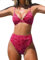 CUPSHE Damen Bikini Set V Ausschnitt Wellenkante High Waist Bikini Triangel Blumenmuster Texturierte Bademode Zweiteiliger Badeanzug Swimsuit Fuchsia Rot M