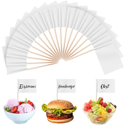 Lvefyti 200 Stück Zahnstocher Holz mit Fähnchen,Weiß Fähnchen zum Beschriften,Papierfähnchen,Käse Marker Cupcake Topper,Flaggenpicker für Lebensmittel Käseplatte Cupcake Topper Vorspeisen Partyzubehör