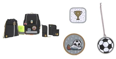 LÄSSIG Schulranzen-Set Boxy Unique Schwarz & Anhänger und Patches Set (3 STK.) mit Druckknopf