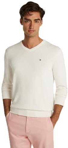 Tommy Hilfiger Herren Pullover Essential Cotton V-Ausschnitt, Elfenbein (Ivory Petal), M