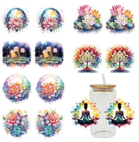 Yalulu 7 Blatt Lotus DTF Transfer Aufkleber, Bunte Rub On Transferaufkleber Florale Transferaufkleber Rub Ons Sticker Für Glasbecher Laptop Koffer DIY