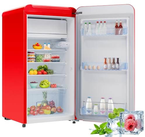 Merax Retro Kühlschrank,Eintüriger Kühlschrank mit 91L Gesamtvolumen und Mini-Gefrierfach, 85 kWh/Jahr, LED-Licht, in Rot