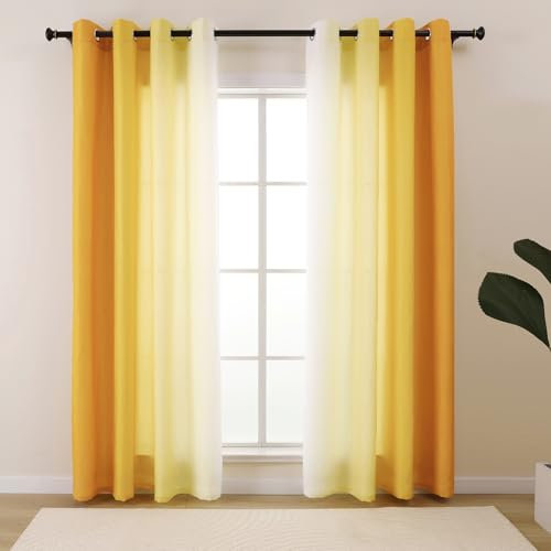 L.Z.E Vorhänge Sichtschutz Lichtdurchlässig Gold Weiß Farbverlauf Gardinen Wohnzimmer Modern mit Ösen Gardine Vorhang Schal für Schlafzimmer Privatsphäre 2er Set 225 cm Lang Modern Dünn