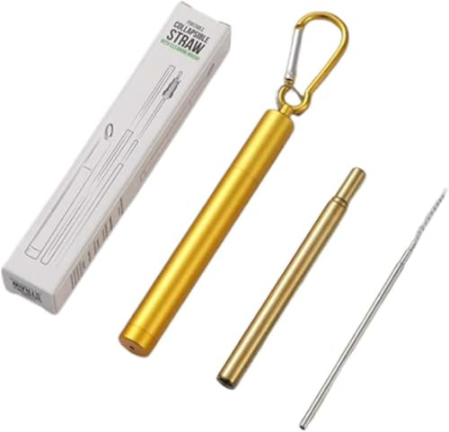 1 pajita plegable reutilizable de acero inoxidable portátil con funda de llavero de aluminio y cepillo de limpieza, portátil de alta gama para viajes, hogar, trabajo (pajita negra + carcasa dorada)