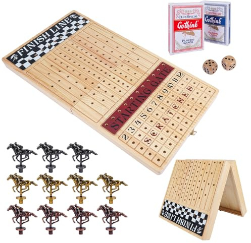 Offelec Großes 58,4 cm Pferderennen-Brettspiel, hochwertige langlebige faltbare Holzbox, Pferderennspiel mit 11 Retro-Metallpferden, 2 Würfeln und 2 Spielkarten, lustige Familien-Nachtspiele für