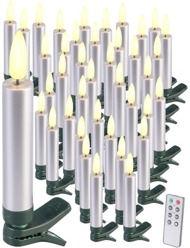 Lunartec Weihnachtsbaumbeleuchtung: 40er-Set LED-Weihnachtsbaumkerzen mit Dochten und Flammen-Effe, Silber (LED Kerzen, Kerzen, 3D)
