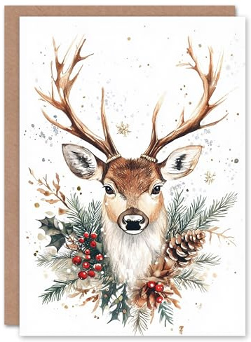 Artery8 Reindeer Head and Pine Cone Holly Blank For Him Or Her Art Xmas Festive Christmas Card