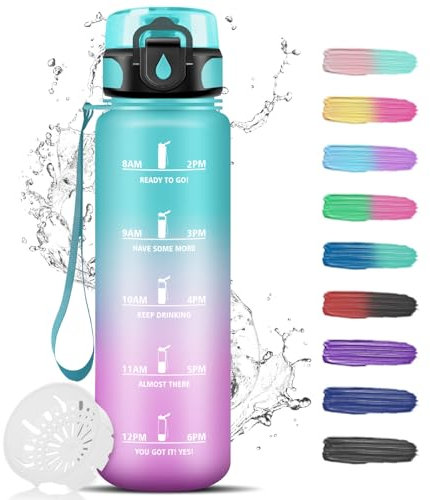 Botella agua, Botella agua 1 litro, Prueba de Fugas, Botella agua Gimnasio, con Marcador de Tiempo, Cantimplora de Motivación, Water Bottle para Adulto, Gimnasio, Bicicleta, Escuela, Oficina, Gym