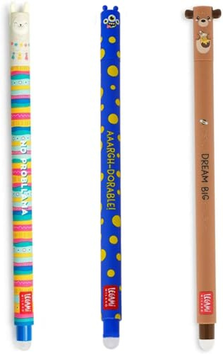 LEGAMI - 3er Set Gel-Radierstifte, Teddy, Lama und Monster Radierbar ohne Blatt zu verbrauchen, 0,7 mm Spitze
