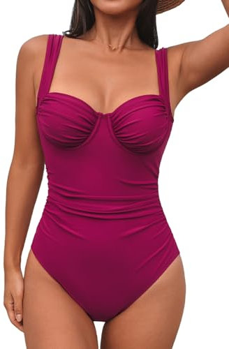 CUPSHE Costume da bagno da donna push up ferretto scollo a cuore arricciato, spalline larghe, elegante costume da bagno intero, Fucsia scuro, S
