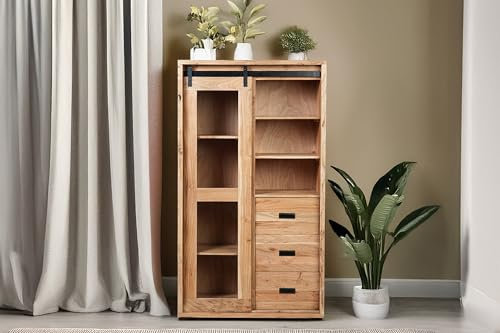 SAM Highboard Lian IV | Akazienholz massiv | Farbe: Natur | 100x45x175 cm | 7 Fächer & 3 Schubladen | Glas-Schiebetür mit Baumkante | Gusseiserne Elemente