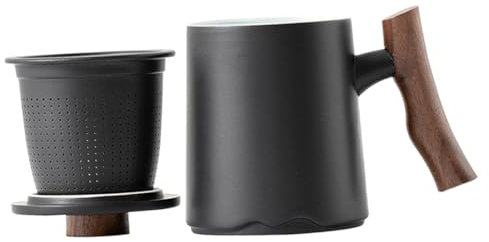 BRIGHTFUFU Keramik Becher 360ml mit Filter und Holzgriff für Tee