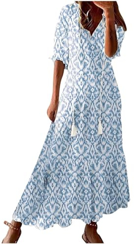 KUIH Summer Plus Size Maxi Dress for Women - Boho Floral Print Long A Line V Neck Chiffon Beach Tunic - Holiday Vacation Clothes