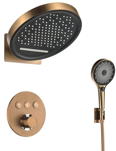 HKTHE Duschsystem mit Thermostat, HSS0524 Modern Duschset Unterputz, Innovativ Klaviertasten, 12in/32cm Duschamaturenset Regendusche Wandmontage, 3-Modus-Handbrause, 59A Messingmischventil