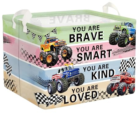 HUUMONSS Cartoon Autos Groß Wäschekorb Gelbes Baufahrzeug Stoff Aufbewahrungskorb Kleidung Spielzeug Aufbewahrungsbox für den Heimgebrauch,Monster Truck,36L