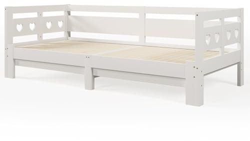 SogesPower Tagesbett Ausziehbares Sofabett 90x200cm Kiefer Massivholz 2 Schlafplätze Rollrost Weiß Modernes Design Multifunktional Für Kleine Räume