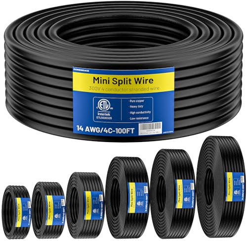ZONEGRACE 100FT 14/4 Mini Split Cable, 14 AWG 4 Conductor Stranded Pure Copper ETL Listed 300V 105C Color Coded (Red/Green/Black/White) Mini Split Communication Wire for Heat Pump HVAC Thermostat