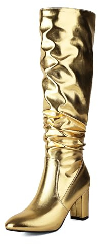 Bviennic Stivali Al Ginocchio Donna Tacco Alto a Blocco Moda Punta Rotonda Senza Chiusura Festa 2801 Oro Numero 37 Eu/38Cn