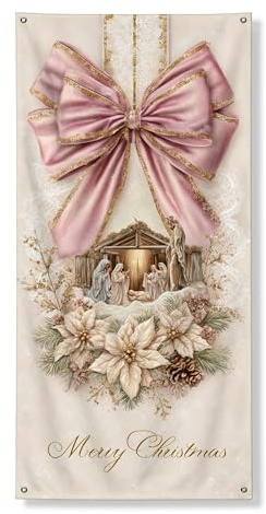 Weihnachtstürabdeckung, Banner, dekorativ, Vintage-Pfirsich-Schleife, Krippe, für drinnen und draußen, Feiertagsdekoration, festlicher saisonaler Hintergrund, 91,4 x 183,9 cm