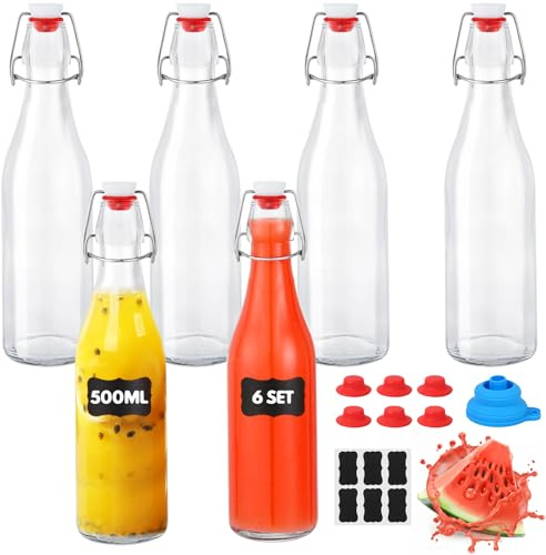 YAMAIDUO 6 Botella Cristal 500ml con Tapón Hermético, Botella Cristal Reutilizable, Botella Vidrio con 6 Precintos Extra, 6 Etiquetas, Embudo, para Bebidas, Cerveza, Aceite, Zumo, Agua