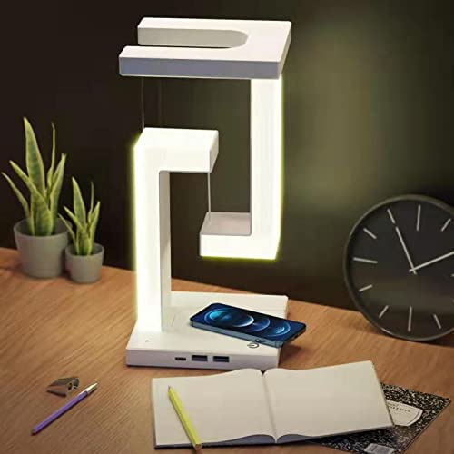 Ghzste Magnetisches Schwebendes LED-Licht, Magnetisches Levitations-Nachtlicht, 3 Gänge, Berührender Schalter, LED-Tischlampe mit Kabellosem Aufladen des Telefons, Weiß