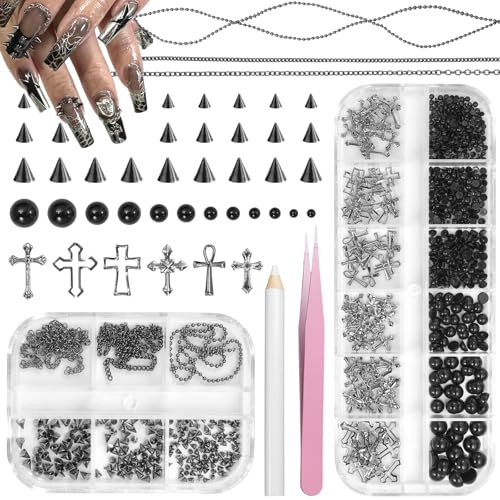 TESGADGETS Cross-Shaped Nail Charms, Punk Nail Charms, Nail Art Spike Metal Studs, Flat Beads, Jewels, Beads for Nail DIY Craft Accessories, Black