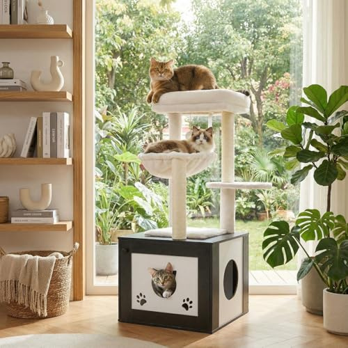 MAMIZO Arbre à chat avec armoire à litière pour chat, arbre à chat 2 en 1, nid en peluche amovible, hauteur 119 cm, coussin en peluche lavable, meuble pour chat, arbre à chat en bois, troncs en sisal