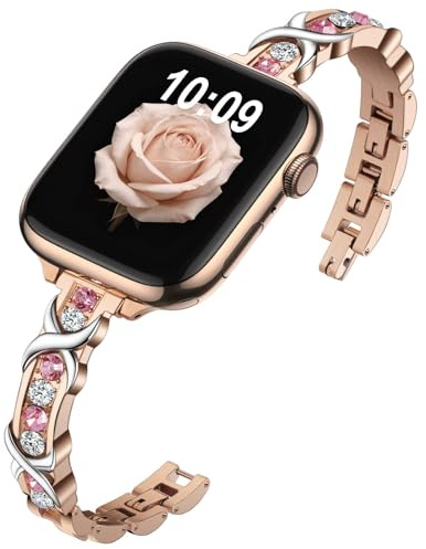 Nereides Brilliantly Colorful Band Compatible with Apple Watch Straps 42mm 41mm 40mm 38mm, Bling Diamond Bracelet Band for iWatch Series 11/10/9/8/7/6/5/4/SE/SE2/SE3/3/2/1 (Rose Gold)