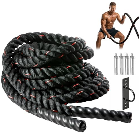 EVERGOODS Battle Rope 9M x 38MM – Heavy Duty Polyester Workout Rope for Home Gym, Full Body Exercise, Muscle Building & Strength Training (Black + Red)