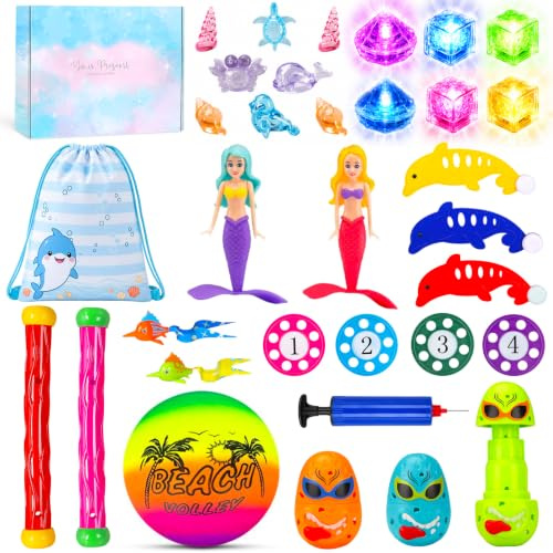 33 Pezzi Giocattoli da Immersione, Giocattoli da Piscina con Cubetti Luminosi a LED e Diamanti di Cristallo, Piscina Subacquea Immersioni Giocattolo per Bambini con Palla da Spiaggia, Sirene Rotanti