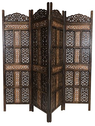 Orientalischer Paravent Raumteiler aus Holz Krishna 200 x 180cm hoch in Braun | Indischer Trennwand als Raumtrenner oder Dekoration im Zimmer oder Sichtschutz im Garten, Terrasse oder Balkon