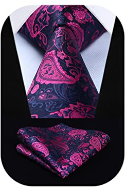 HISDERN Cravate Homme Paisley Mariage Cravate et Mouchoir Ensemble Rose Vif