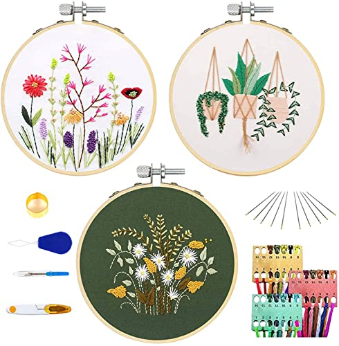 3er Stickerei Set, Stickerei Kreuzstich Starter Set Embroidery Kit mit 1 Stickrahmen,3 Sticktüchern, 3 farbige Fäden, 9 Nadeln, 1 Schere für Anfänger DIY-Dekoration
