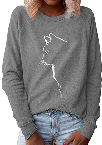 Xmiral Sweatshirt Damen Katze Gedruckt Einfarbig Pullover Slim Fit Langarm O-Ausschnitt T-Shirt Bluse