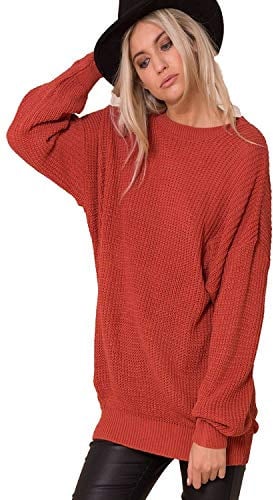Crazy Girls Womens Ladies Baggy Long Sleeve Knitted Plain Chunky Top Sweater Jumper S-XL (M/L, Rust)