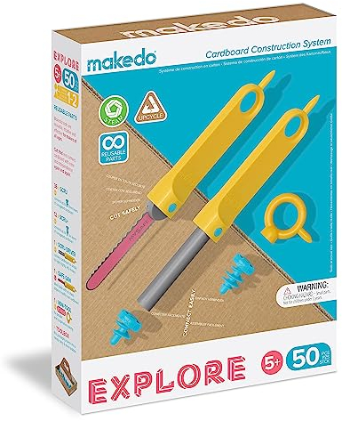 Makedo EXPLORE, Kit herramientas construcción cartón reciclado (50 piezas). Juguetes educativos STEM y STEAM para jugar en casa y en el Aula. Herramientas Reutilizables para niños a partir de 5 años
