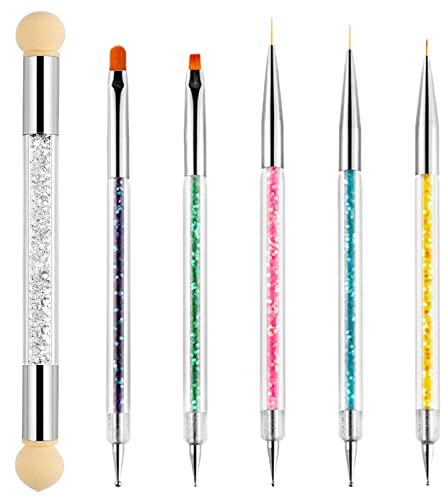VEGCOO Brosses de Ongle Art Ensemble Nail Art Brosse Éponge Double Tête Brosse Eponge Stylo à Dessin Couleur Perceuse à Deux Têtes (Multicolore 6 Pcs)