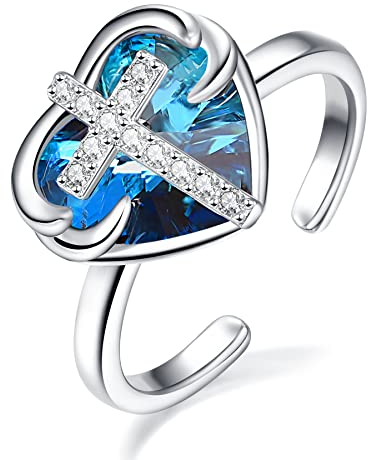 KINGWHYTE Damen Engelsflügel Kristall Ringe, 925 Sterling Silber Herz Saphir mit Kreuz Offener Ring 8mm, Liebe Blauer Kristall 10mm, Schmuck Accessoire