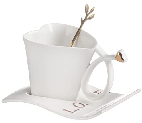 All-Pie 160ml Ceramic Coffee Cup and Saucer Set with Spoon Tea Mug Heart Shaped Special (White)