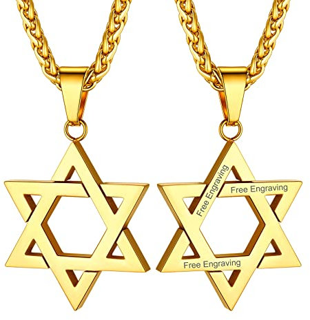 Pendentif Femme Etoile de David Personnalisable Plaque Or Collier Graver Homme Juif Amulette Religieux Triangles Torsadés Chaine Spiga Ble Acier 55 cm Enfant Garcon Gros Massif Porte Bonheur